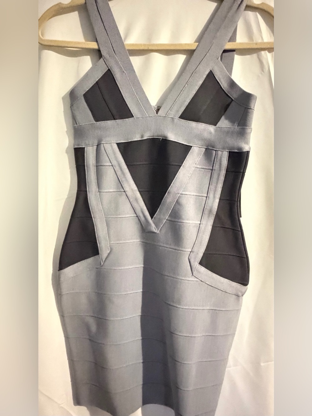 Herve Leger Silver Gray & Black V-Neck Bandage Mini Dress